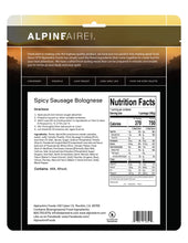 Load image into Gallery viewer, AlpineAire Spicy Pork Sausage Bolognese Freeze Dried Camping Food Pouch 60650