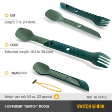 Load image into Gallery viewer, UCO Switch Spork Utensil Set w/Tether Camp Green F-SP-SWITCH