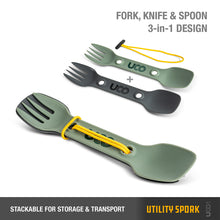 Load image into Gallery viewer, UCO Utility Spork Fork-Spoon-Knife Combo 7'' Utensil 2-Pack Camp Green / Charcoal