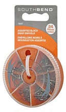 Load image into Gallery viewer, South Bend Fishing Black Snap Swivels 5 Sizes - 24-Pack w/Reusable Dial Box