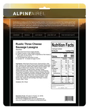 Load image into Gallery viewer, AlpineAire Rustic Three Cheese Sausage Lasagna Freeze Dried Camping Food 61625
