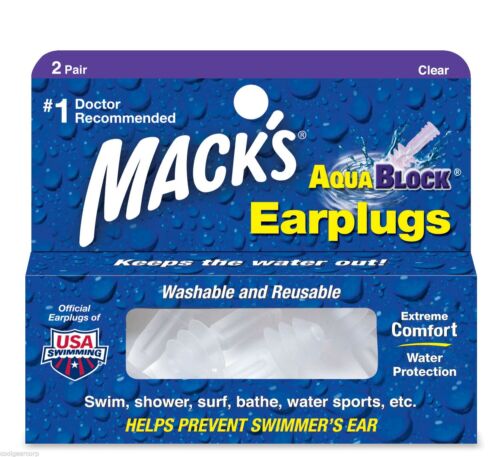 Mack's Aqua Block Silicone Reuseable Clear Ear Plugs 2-Pair Swimming Macks