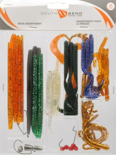 South Bend Fishing 42-Piece Bass Lure Kit w/Worms Shads Hooks Sinkers Beads